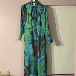 Designer Milva.Mi Tie-Neck Long Sleeve Green & Blue Swirl Midi Dress NWOT!